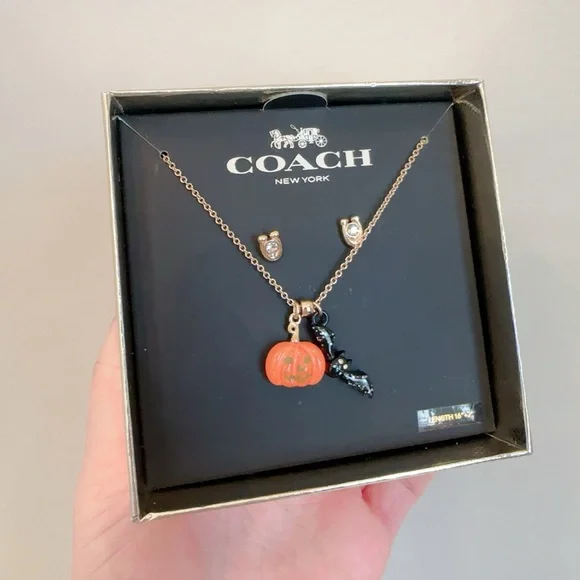 NWB COACH Halloween Jack-o’-lanter Pumpkin & Bat Earrings & Necklace Set CZ006 - Picture 3 of 5